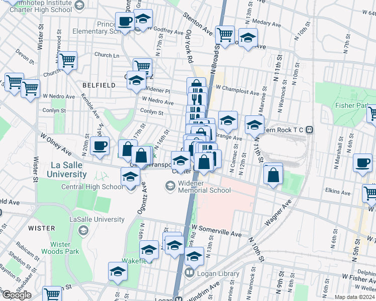 map of restaurants, bars, coffee shops, grocery stores, and more near 1427 West Chew Avenue in Philadelphia