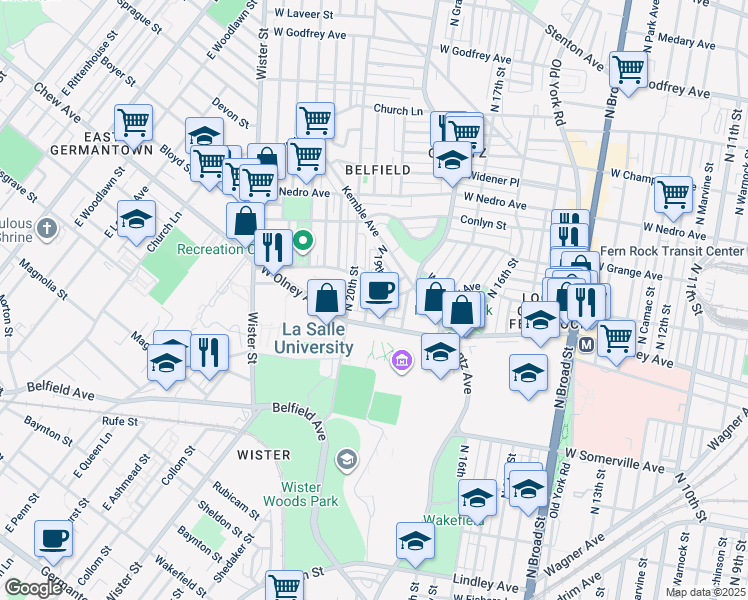 map of restaurants, bars, coffee shops, grocery stores, and more near 5635 North Uber Street in Philadelphia