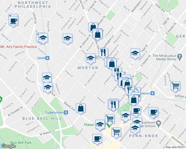 map of restaurants, bars, coffee shops, grocery stores, and more near 6128 McCallum Street in Philadelphia