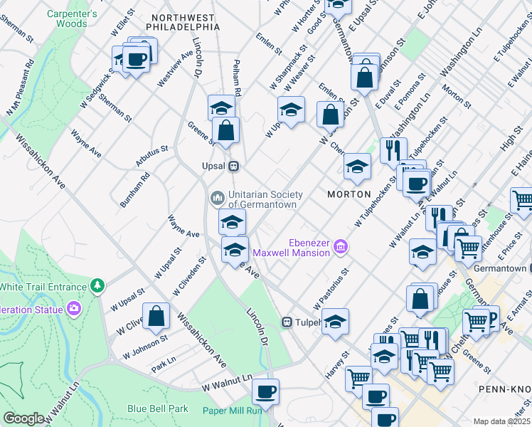 map of restaurants, bars, coffee shops, grocery stores, and more near 313 West Duval Street in Philadelphia