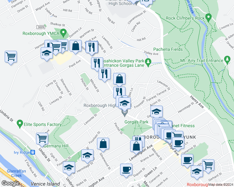 map of restaurants, bars, coffee shops, grocery stores, and more near 6619 Ridge Avenue in Philadelphia
