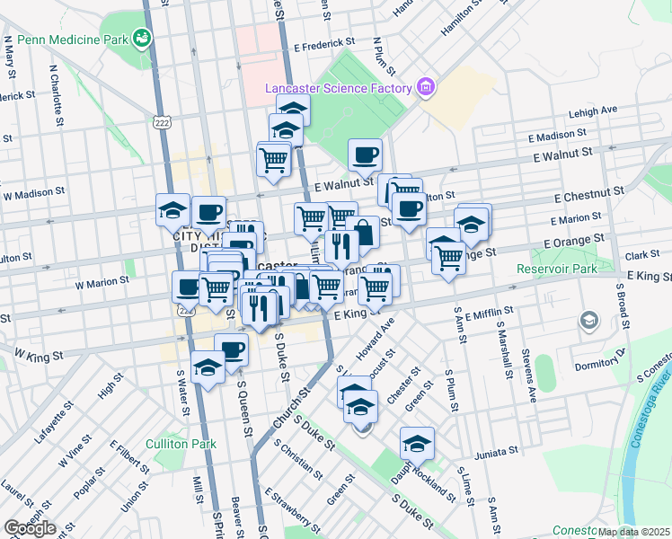 map of restaurants, bars, coffee shops, grocery stores, and more near 225 East Grant Street in Lancaster