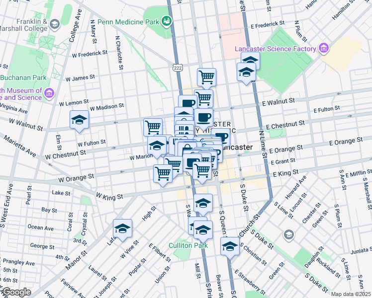 map of restaurants, bars, coffee shops, grocery stores, and more near 30 West Orange Street in Lancaster