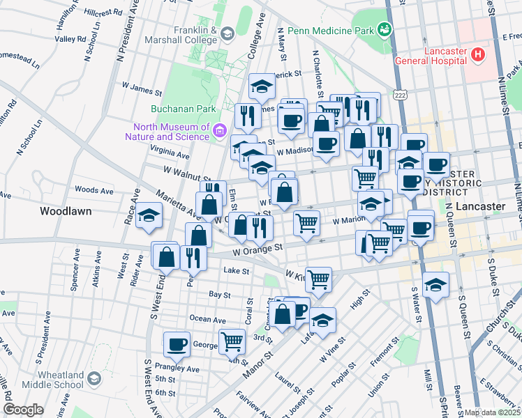 map of restaurants, bars, coffee shops, grocery stores, and more near 544 West Mill Avenue in Lancaster