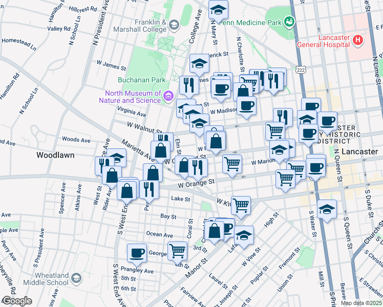 map of restaurants, bars, coffee shops, grocery stores, and more near 624 West Chestnut Street in Lancaster