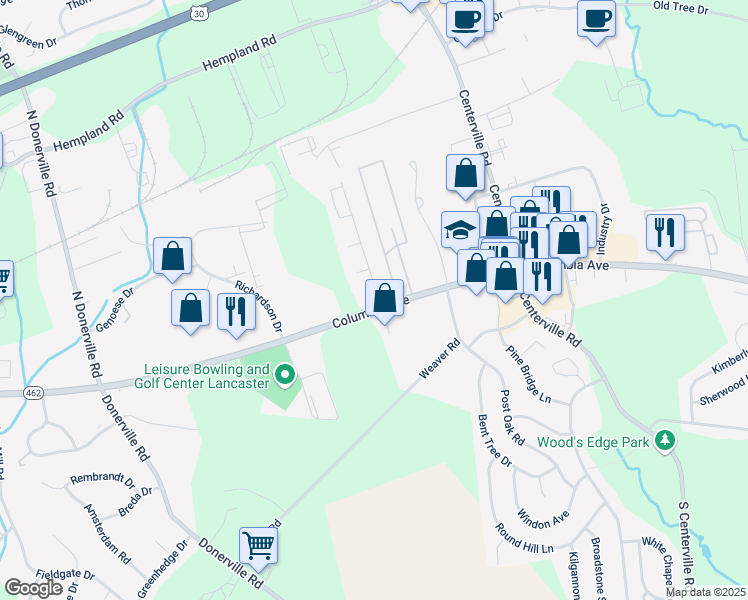map of restaurants, bars, coffee shops, grocery stores, and more near 3314 Columbia Avenue in Lancaster