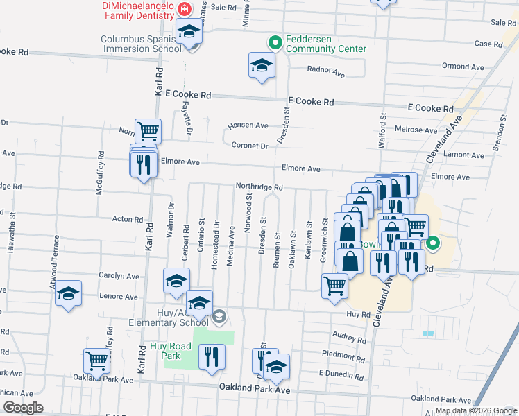 map of restaurants, bars, coffee shops, grocery stores, and more near 3551 Dresden Street in Columbus