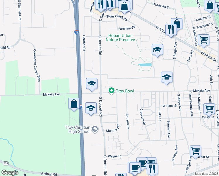 map of restaurants, bars, coffee shops, grocery stores, and more near 1580 Mckaig Avenue in Troy