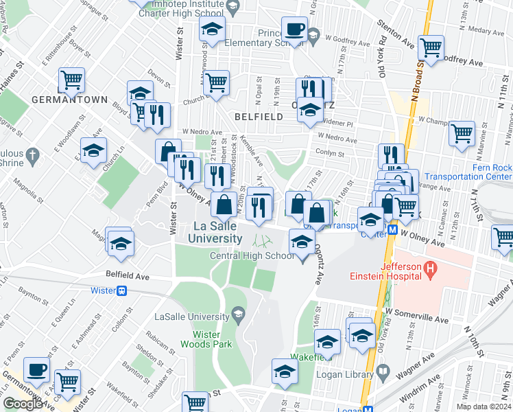 map of restaurants, bars, coffee shops, grocery stores, and more near 5635 North Uber Street in Philadelphia