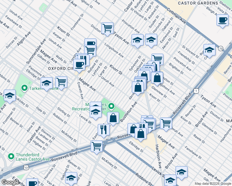 map of restaurants, bars, coffee shops, grocery stores, and more near 6626 Eastwood Street in Philadelphia