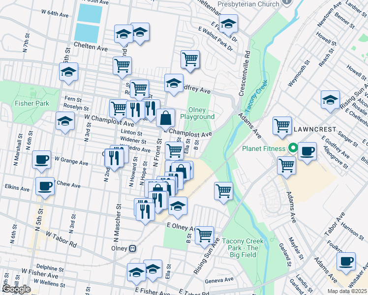 map of restaurants, bars, coffee shops, grocery stores, and more near 5920 Ella Street in Philadelphia