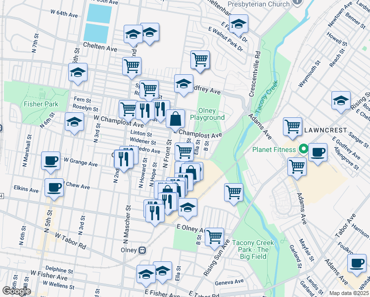 map of restaurants, bars, coffee shops, grocery stores, and more near 5916 A Street in Philadelphia