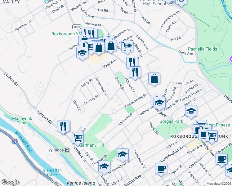 map of restaurants, bars, coffee shops, grocery stores, and more near 302 Ginger Lane in Philadelphia