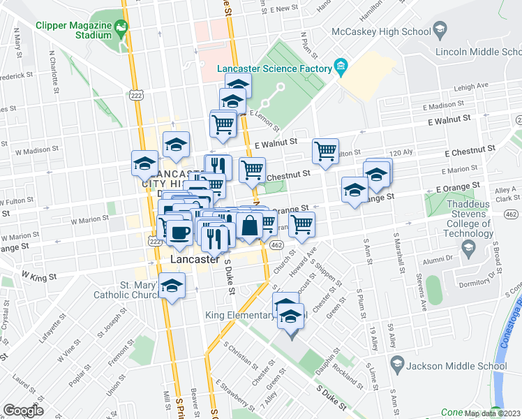 map of restaurants, bars, coffee shops, grocery stores, and more near 36 North Lime Street in Lancaster