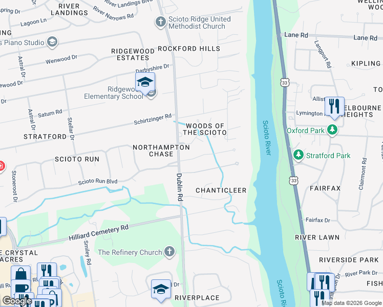 map of restaurants, bars, coffee shops, grocery stores, and more near 3195 Scioto Estates Court in Columbus