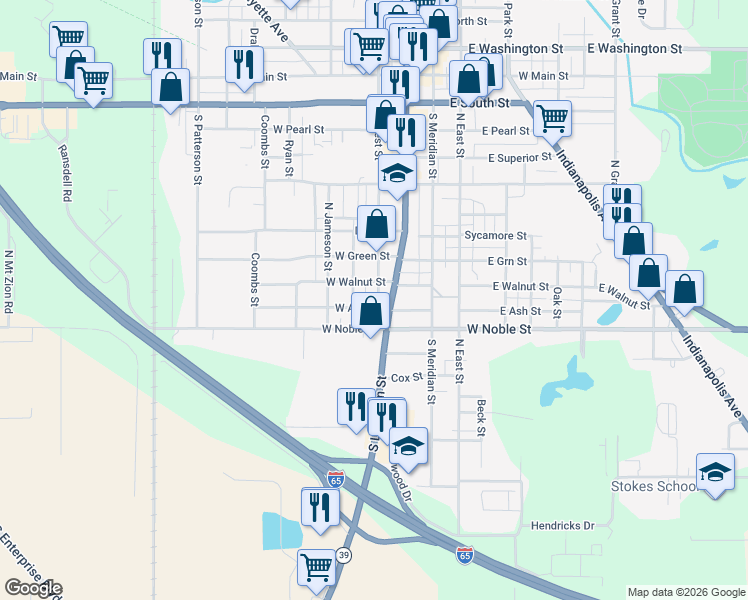 map of restaurants, bars, coffee shops, grocery stores, and more near 212 West Noble Street in Lebanon