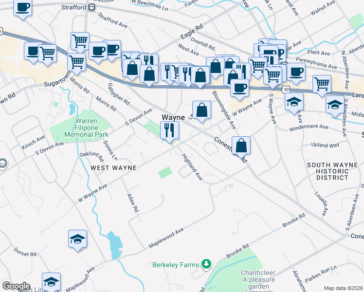 map of restaurants, bars, coffee shops, grocery stores, and more near 212 Highland Avenue in Wayne