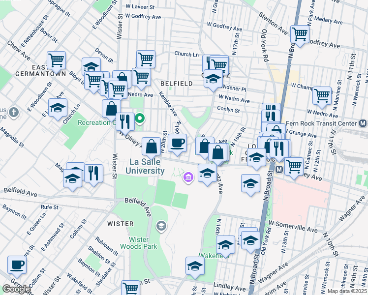 map of restaurants, bars, coffee shops, grocery stores, and more near 5639 North 19th Street in Philadelphia