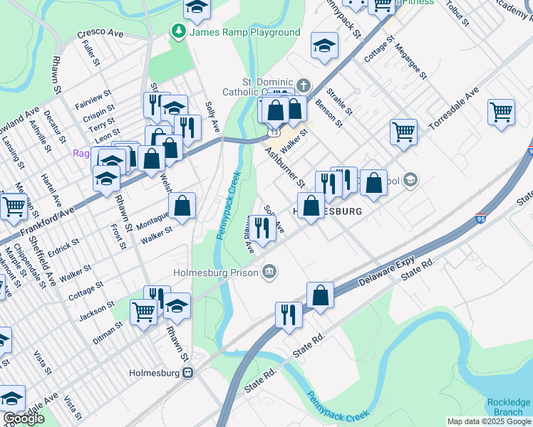 map of restaurants, bars, coffee shops, grocery stores, and more near 4432 Solly Avenue in Philadelphia