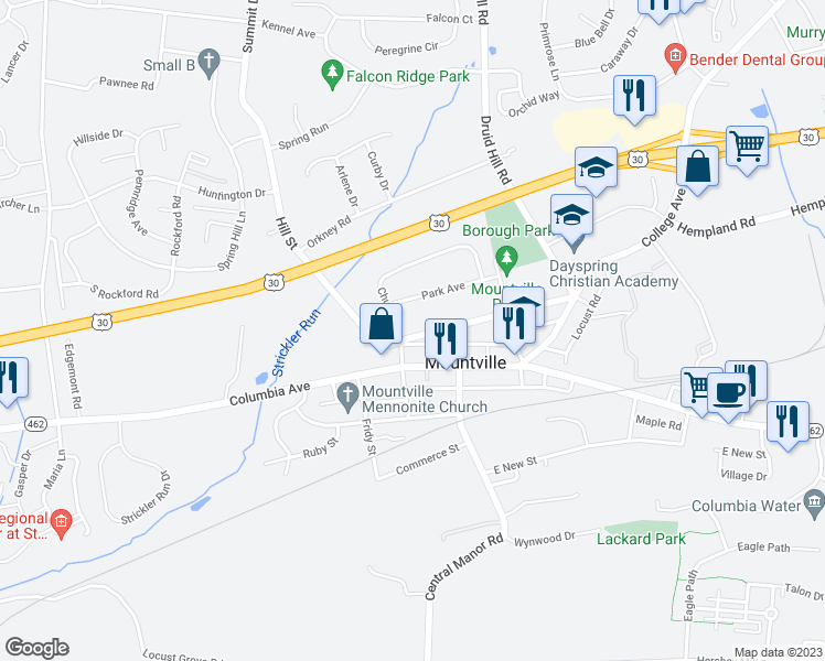 map of restaurants, bars, coffee shops, grocery stores, and more near 51 West Hoover Street in Mountville