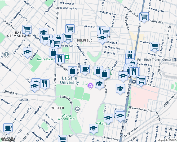 map of restaurants, bars, coffee shops, grocery stores, and more near 5639 North 19th Street in Philadelphia