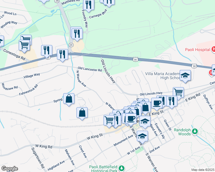 map of restaurants, bars, coffee shops, grocery stores, and more near 26 Daisey Lane in Malvern