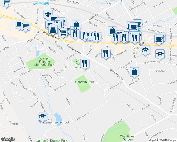 map of restaurants, bars, coffee shops, grocery stores, and more near 339 West Wayne Avenue in Wayne