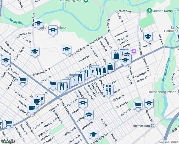 map of restaurants, bars, coffee shops, grocery stores, and more near 3541 Chippendale Street in Philadelphia