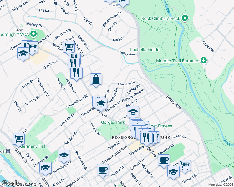 map of restaurants, bars, coffee shops, grocery stores, and more near 551 Overlook Road in Philadelphia