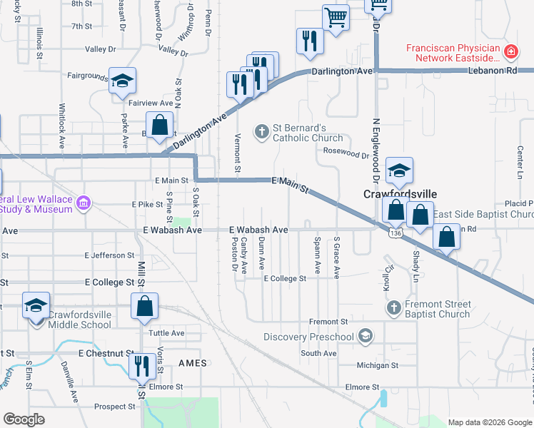 map of restaurants, bars, coffee shops, grocery stores, and more near 1411 East Wabash Avenue in Crawfordsville