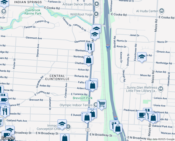 map of restaurants, bars, coffee shops, grocery stores, and more near 611 Acton Road in Columbus