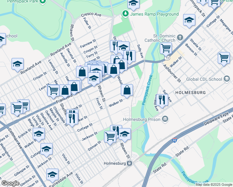 map of restaurants, bars, coffee shops, grocery stores, and more near 8038 Walker Street in Philadelphia