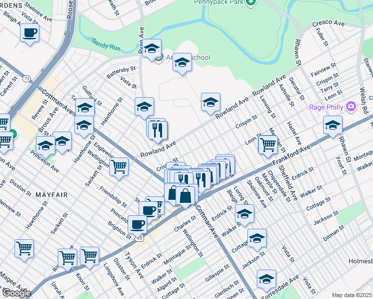 map of restaurants, bars, coffee shops, grocery stores, and more near 3326 Tudor Street in Philadelphia