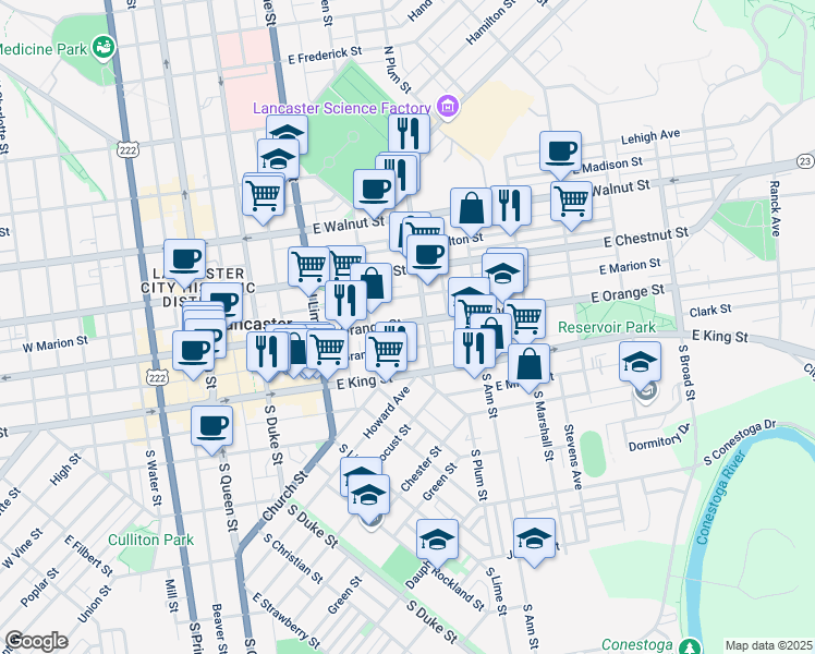map of restaurants, bars, coffee shops, grocery stores, and more near 338 East Orange Street in Lancaster