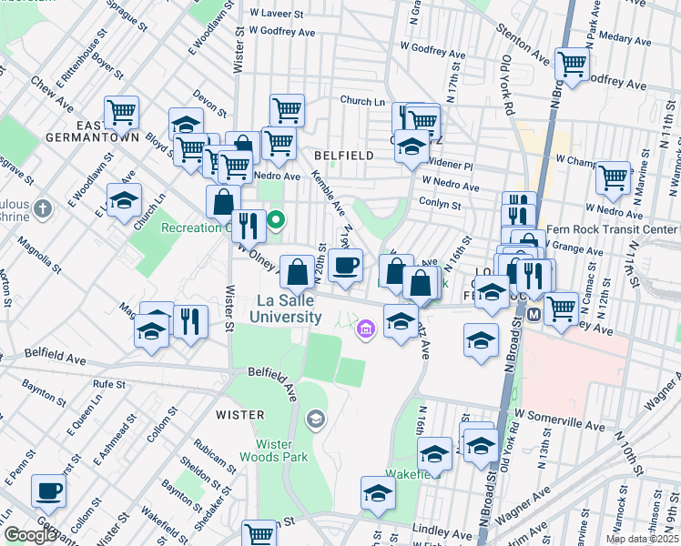 map of restaurants, bars, coffee shops, grocery stores, and more near 5637 North Uber Street in Philadelphia