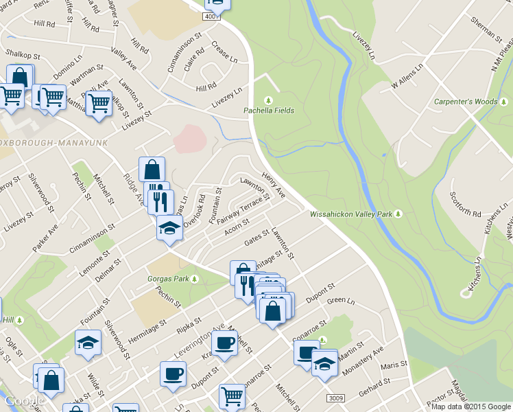 map of restaurants, bars, coffee shops, grocery stores, and more near 587 Fairway Terrace in Philadelphia