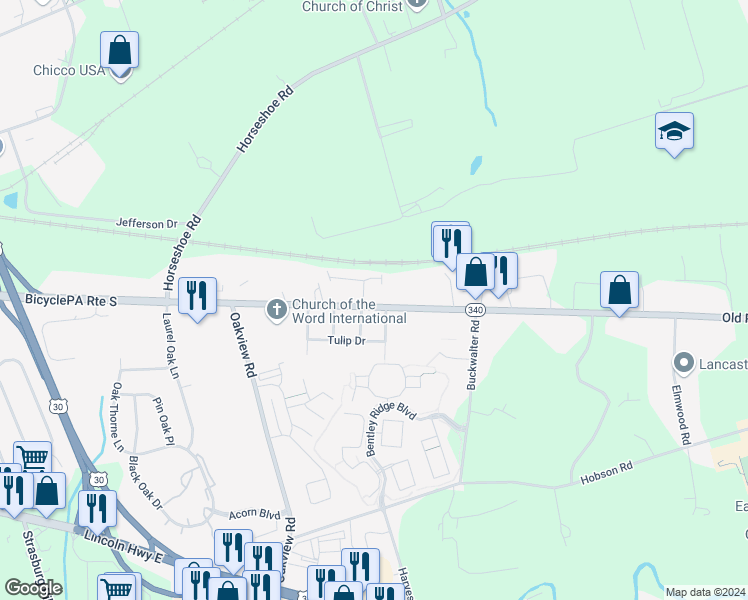 map of restaurants, bars, coffee shops, grocery stores, and more near 2171 Old Philadelphia Pike in Lancaster