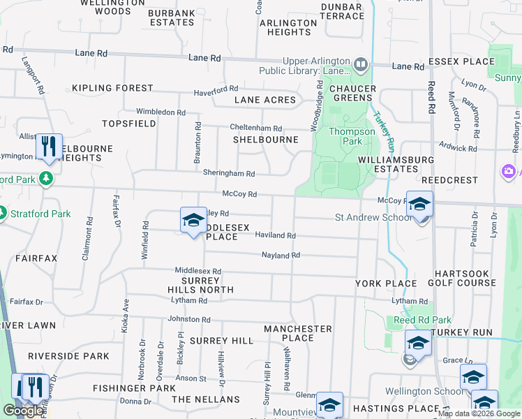 map of restaurants, bars, coffee shops, grocery stores, and more near 2212 Buckley Road in Columbus