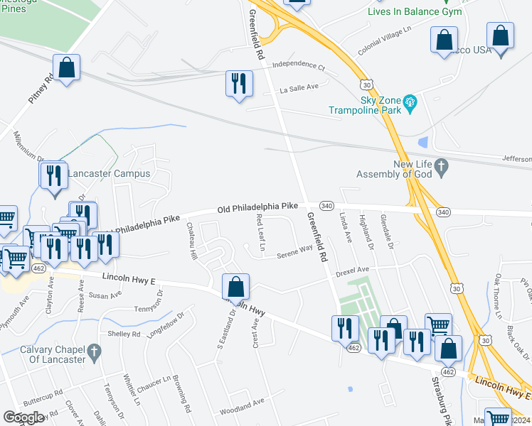 map of restaurants, bars, coffee shops, grocery stores, and more near 1803 Windsong Lane in Lancaster