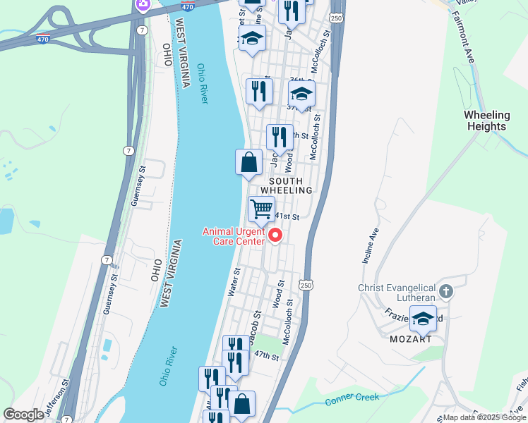 map of restaurants, bars, coffee shops, grocery stores, and more near 4016 Jacob Street in Wheeling