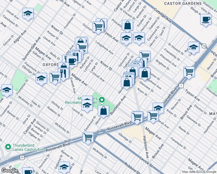 map of restaurants, bars, coffee shops, grocery stores, and more near 6713 Sylvester Street in Philadelphia