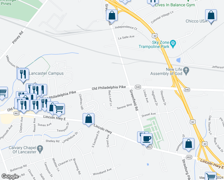 map of restaurants, bars, coffee shops, grocery stores, and more near 1803 Windsong Lane in Lancaster