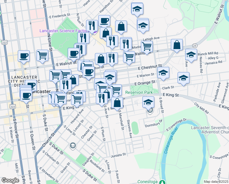 map of restaurants, bars, coffee shops, grocery stores, and more near 611 East Orange Street in Lancaster