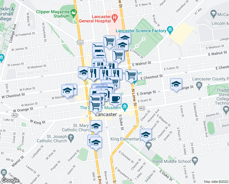 map of restaurants, bars, coffee shops, grocery stores, and more near 120 North Duke Street in Lancaster