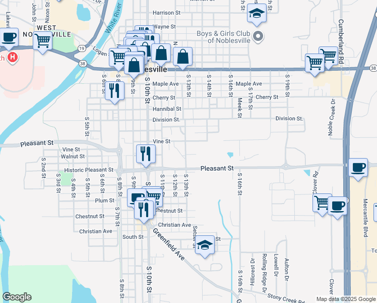 map of restaurants, bars, coffee shops, grocery stores, and more near 588 South 13th Street in Noblesville