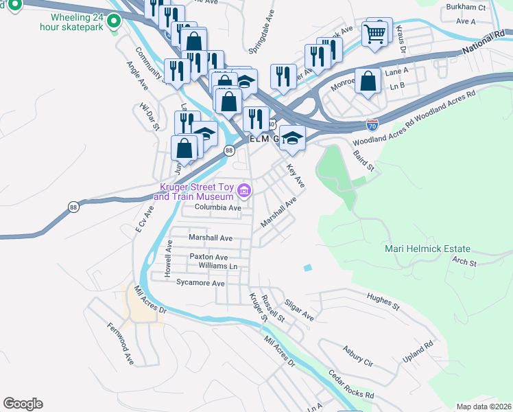 map of restaurants, bars, coffee shops, grocery stores, and more near 136 Kruger Street in Wheeling