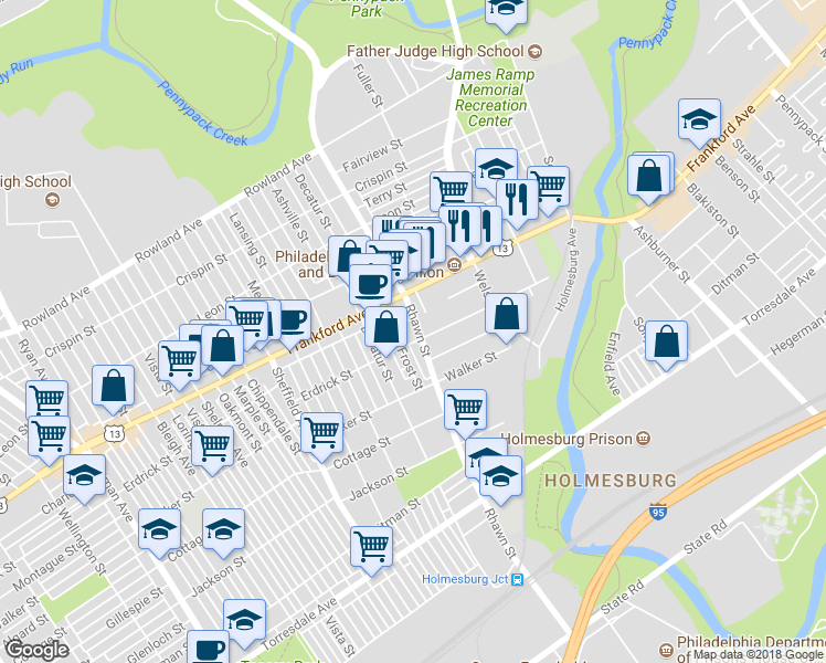 map of restaurants, bars, coffee shops, grocery stores, and more near 4132 Rhawn Street in Philadelphia