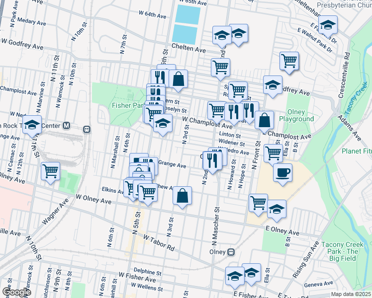 map of restaurants, bars, coffee shops, grocery stores, and more near 264 Widener Street in Philadelphia