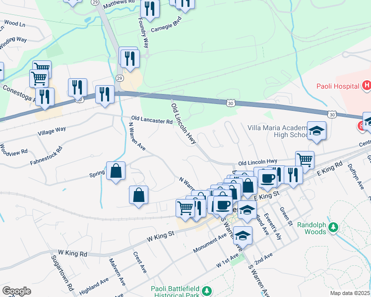 map of restaurants, bars, coffee shops, grocery stores, and more near 26 Daisey Lane in Malvern