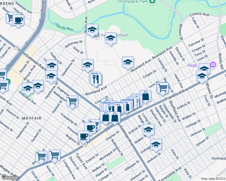 map of restaurants, bars, coffee shops, grocery stores, and more near 3324 Tudor Street in Philadelphia